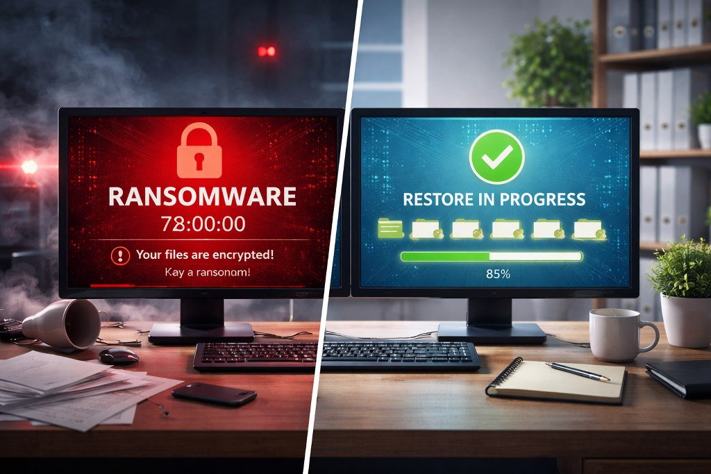 Ransomware attack contrasted with successful business data recovery from backups