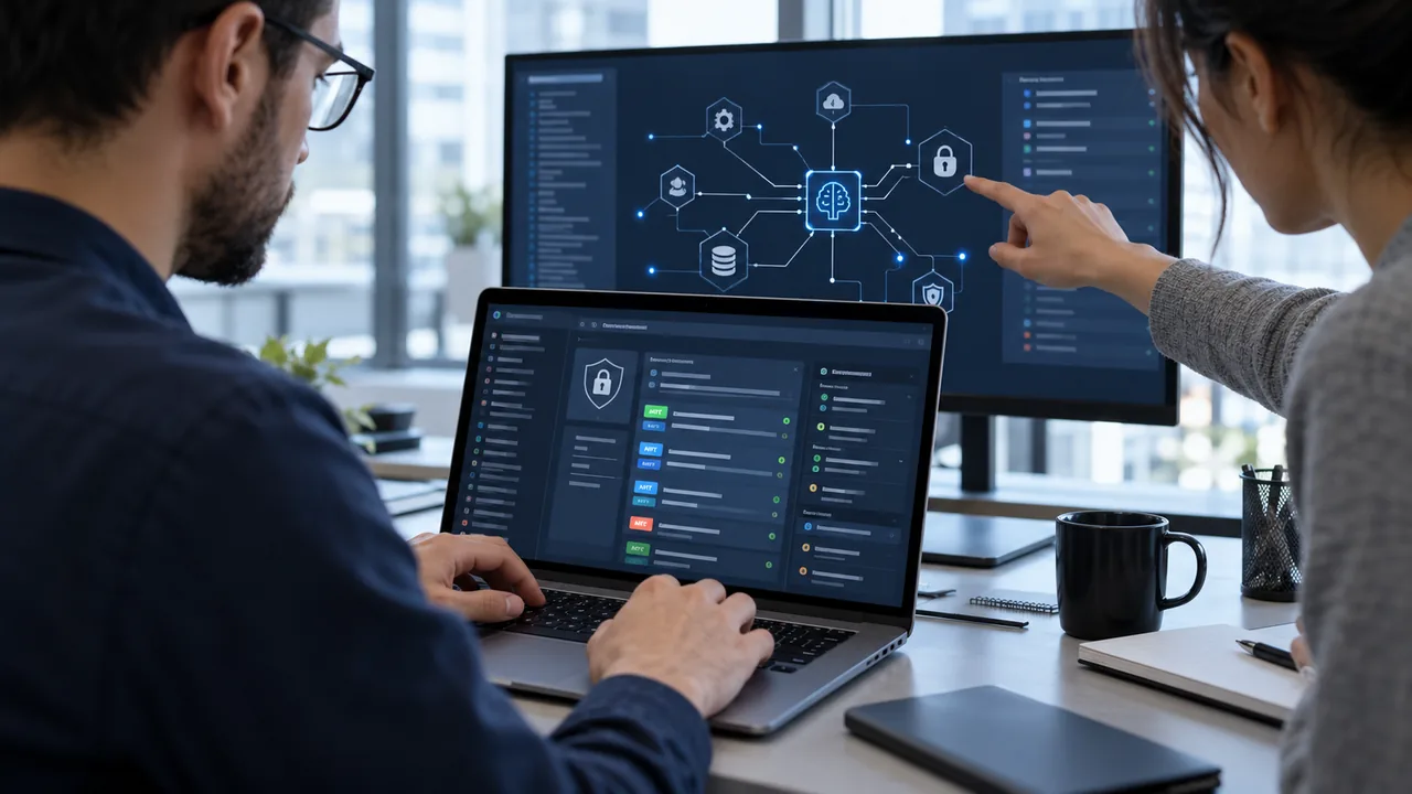Software security team reviewing API access controls and AI integration permissions on screens