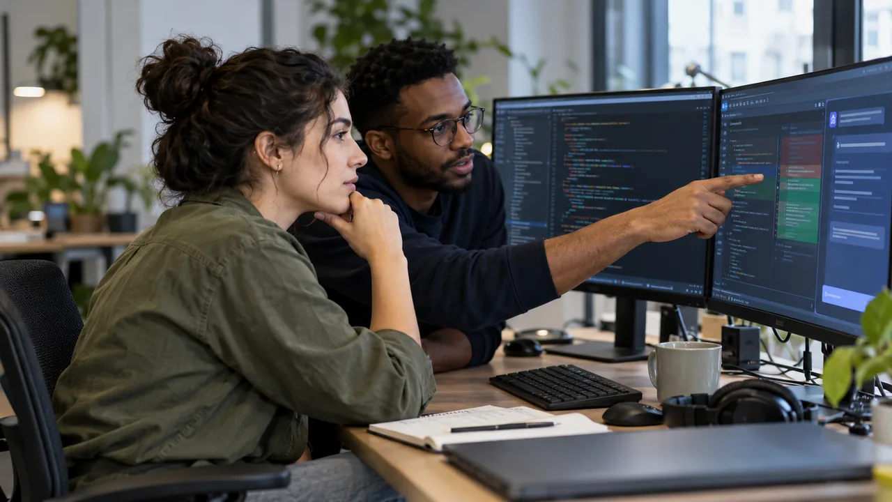 Software developers reviewing code changes and automated suggestions on dual monitors