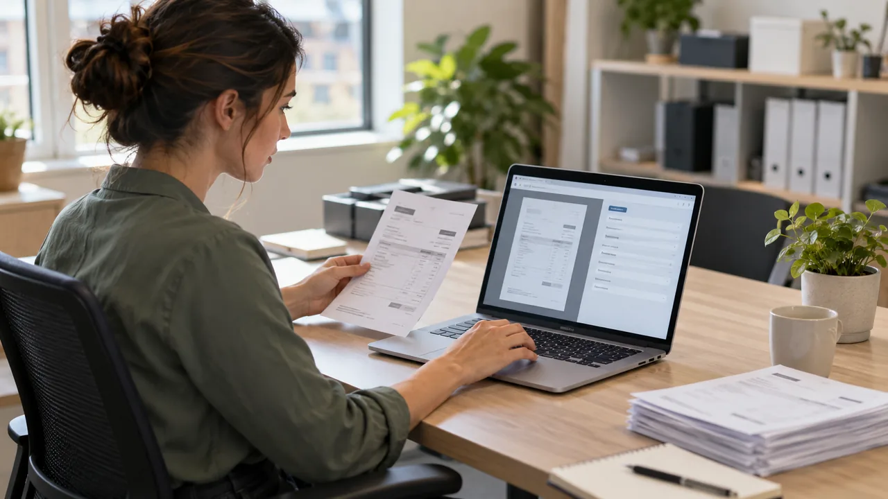Operations worker reviewing scanned invoice data beside a laptop