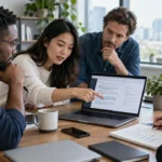 Four colleagues reviewing AI meeting notes and action items around a laptop in a meeting room