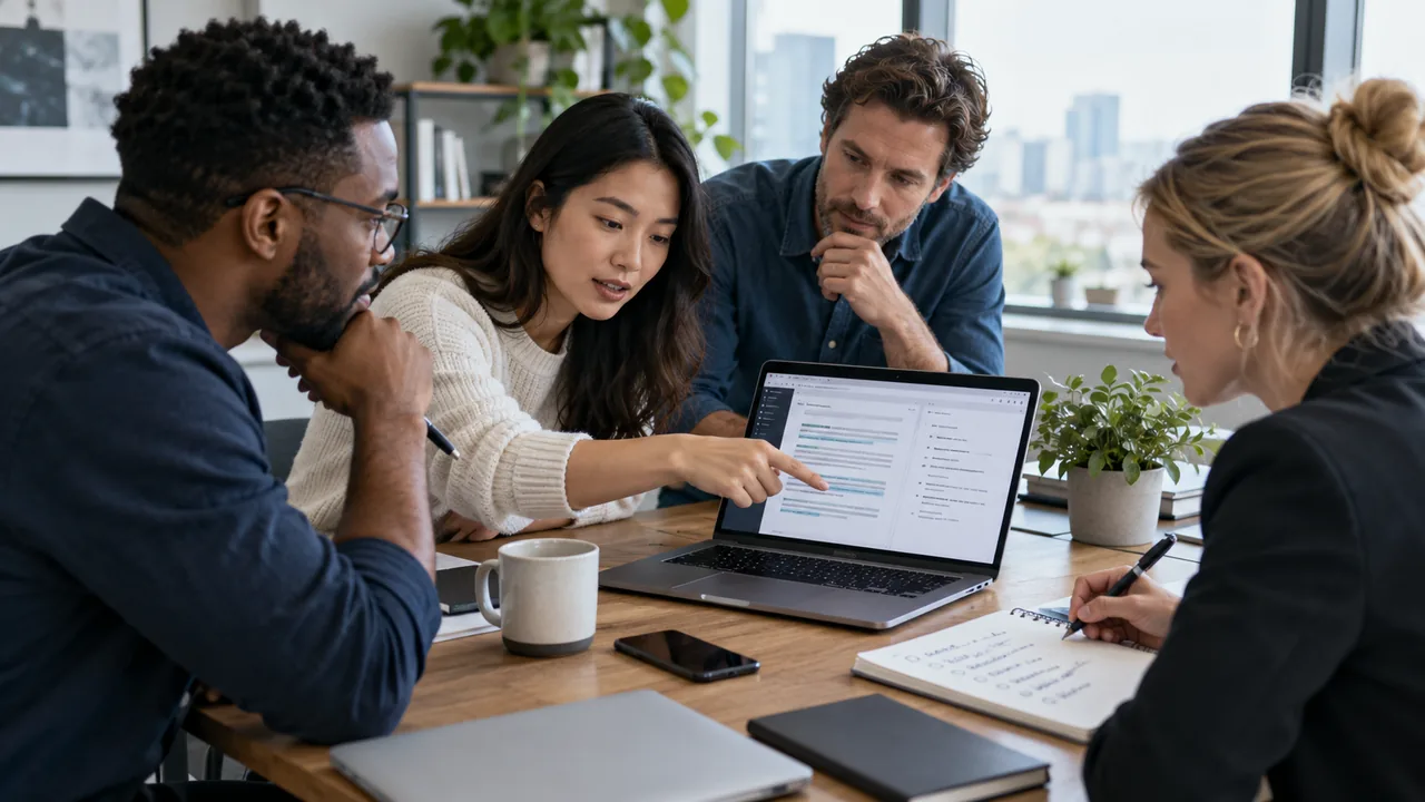 Four colleagues reviewing AI meeting notes and action items around a laptop in a meeting room