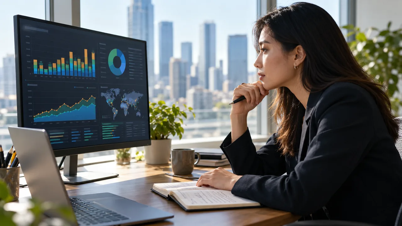 Business analyst reviewing AI spend and cloud cost charts at a desk