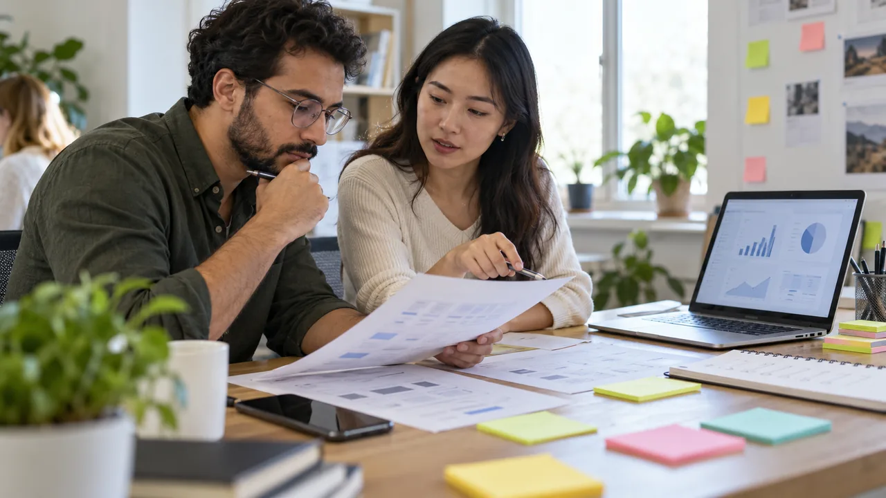 Two product team members reviewing AI workflow test cases and evaluation results at a desk
