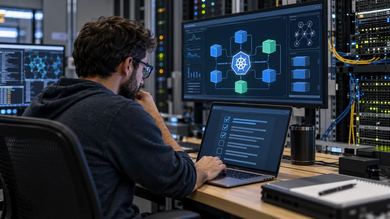 Cloud engineer reviewing Kubernetes containers and AI deployment checks in a server room