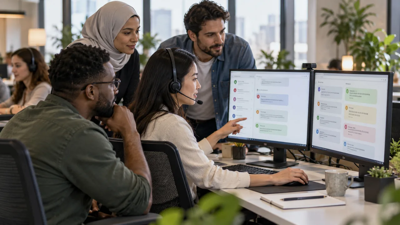 International support team reviewing multilingual customer messages on monitors