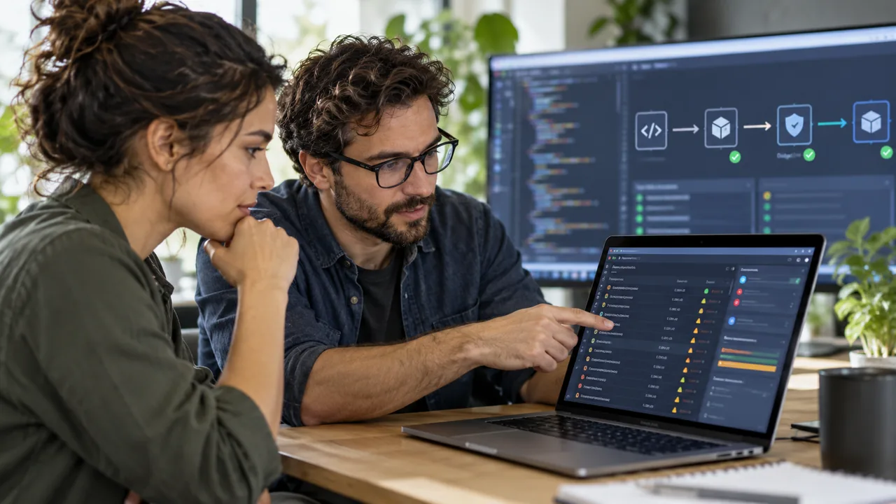 Software engineers checking dependencies and release security on a laptop