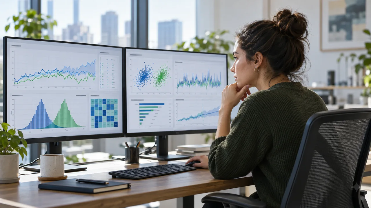 Data scientist reviewing model drift and AI quality analytics on monitors