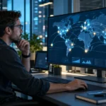 Cloud architect reviewing global cloud region and data flow map