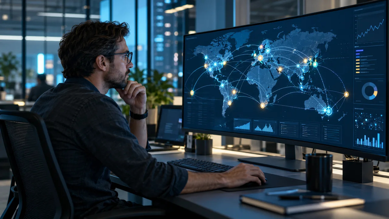 Cloud architect reviewing global cloud region and data flow map