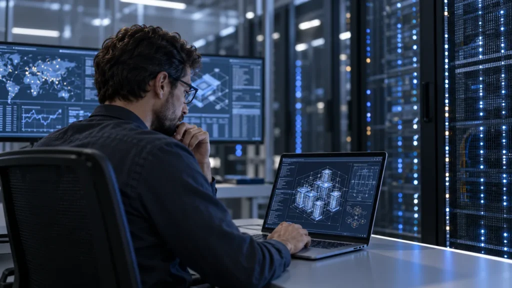 Engineer reviewing confidential computing and secure AI infrastructure in a data center