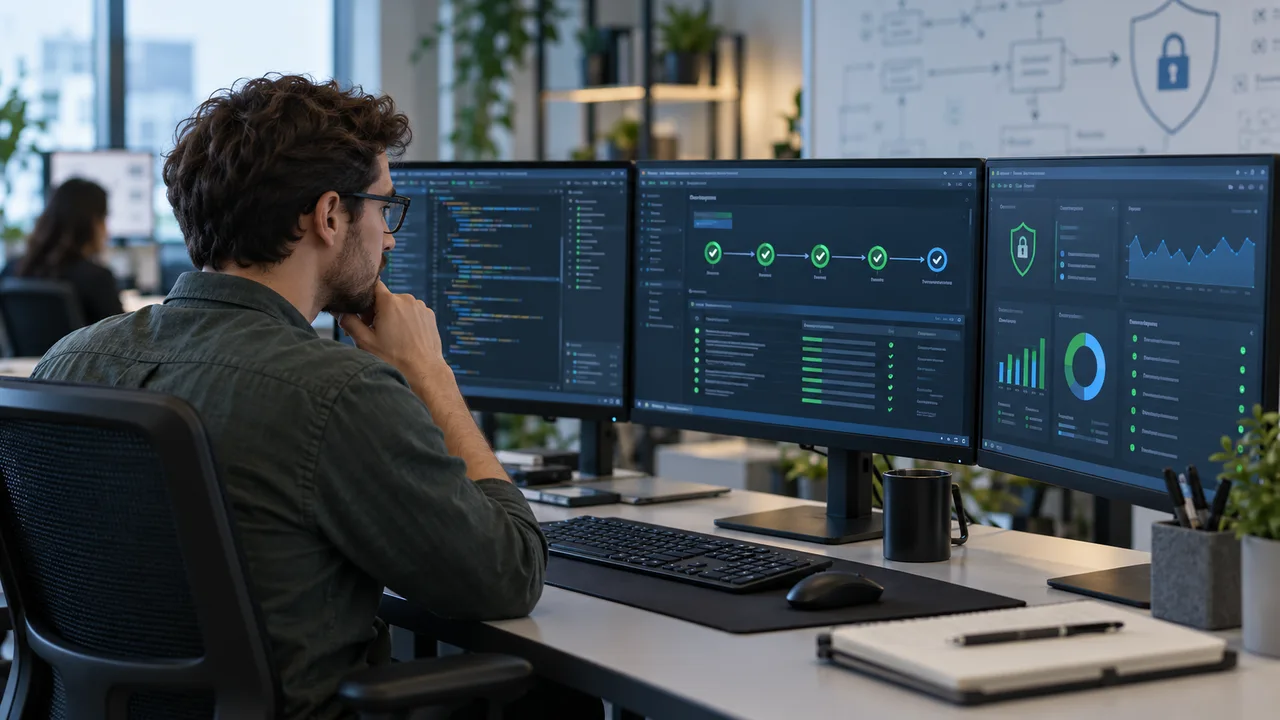Software engineer reviewing secure deployment pipeline and credential controls