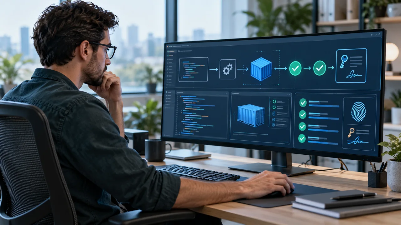 Engineer reviewing secure software build and signature verification