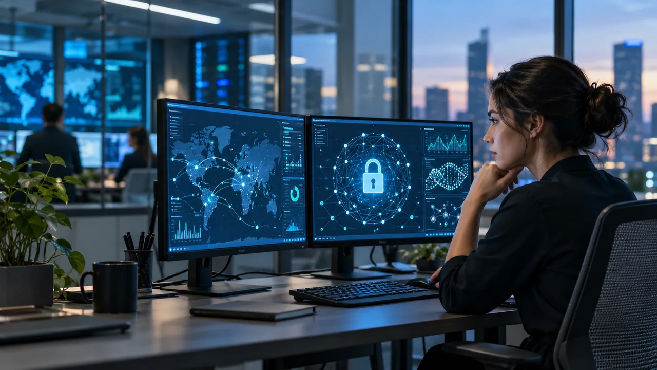 Security analyst reviewing network cryptography and cyber protection dashboards in a modern office